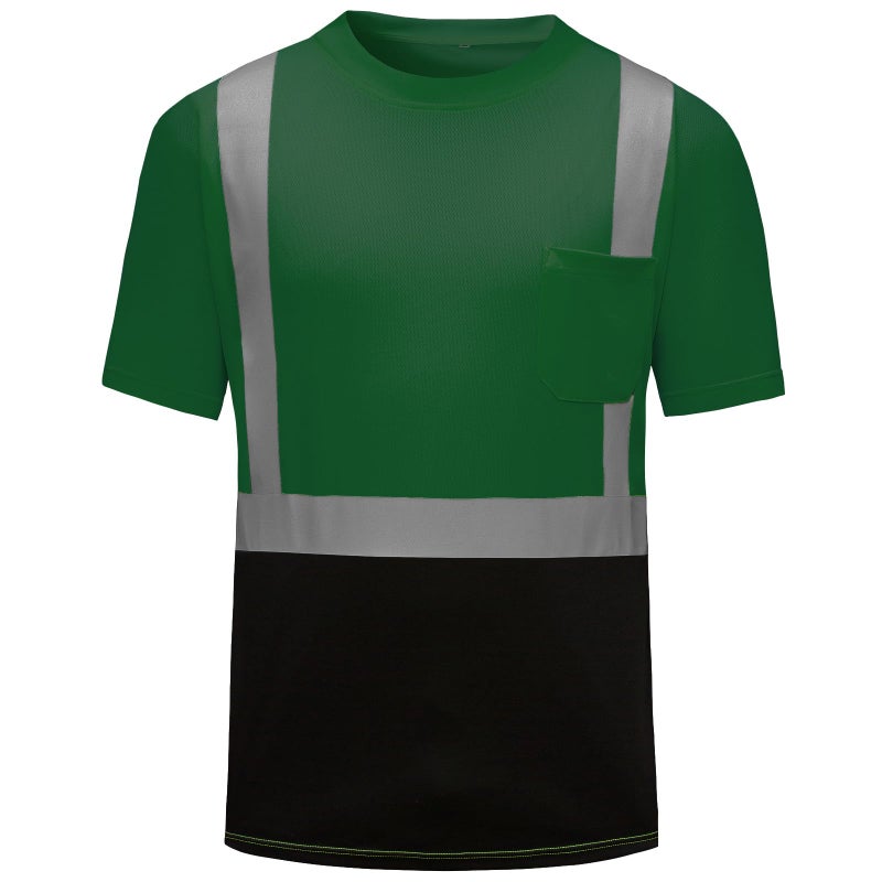 DPSAFETY High Visibility Shirts Quick Dry Safety T Shirts with Reflective Strips and Pocket Short Sleeve Mesh Hi Vis Construction Work Class 2 Shirt for Men/Women Black Bottom Green,Small - Image 1